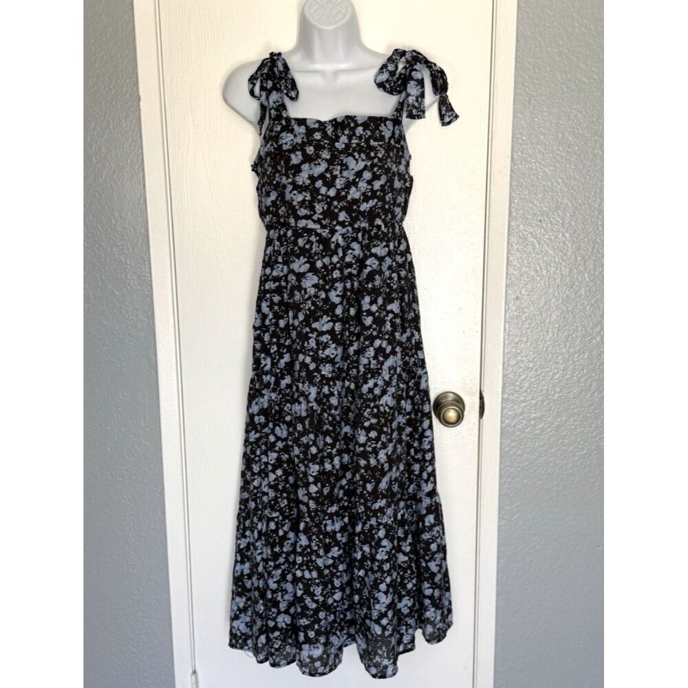 By the River Tie Shoulder Black w/ Blue Floral Midi Tiered Shirring Dress Small